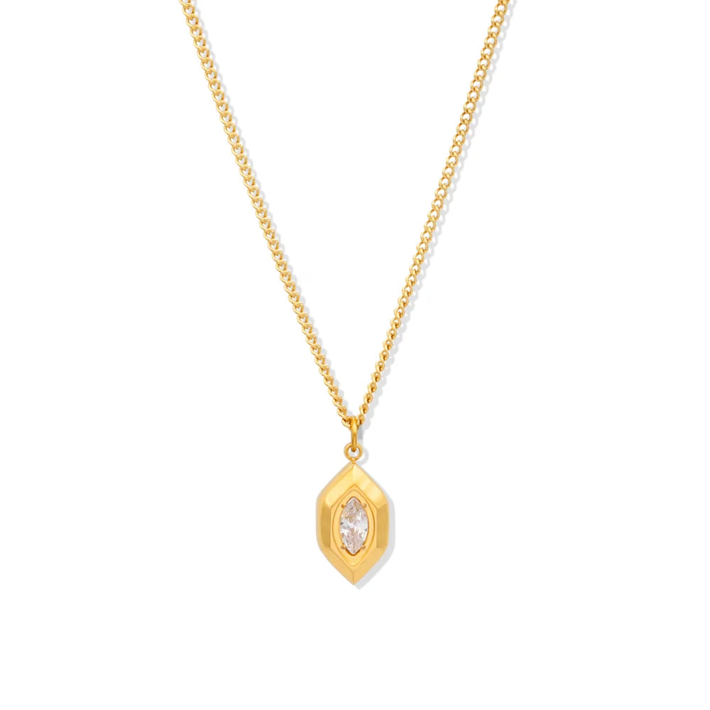 Chris April PVD Gold Plated 316L Stainless Steel Marquise Zirconias Rhombus Pendant Necklace
