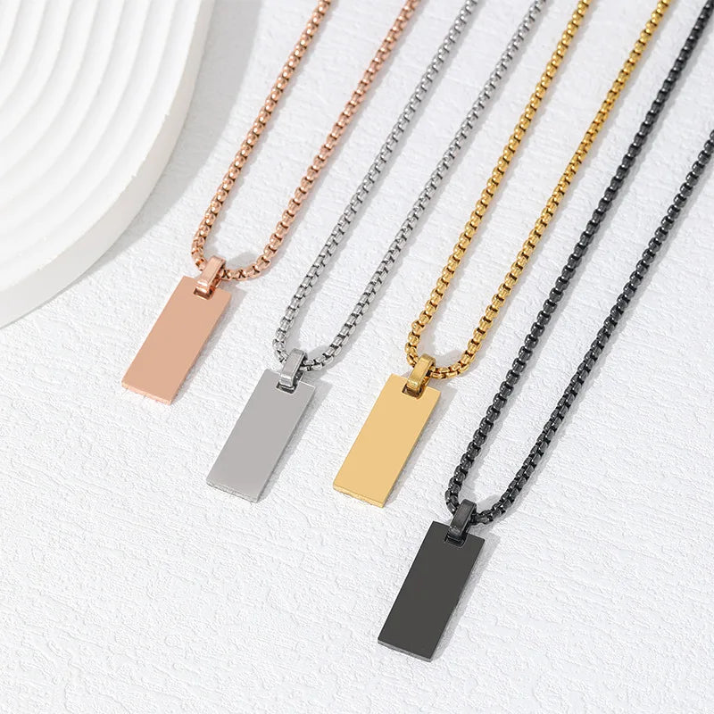 Stainless Steel 18K Gold Black Plated Engraved Rectangular Tag Bar Necklace Custom Engraving Pendant Link Chain Necklace