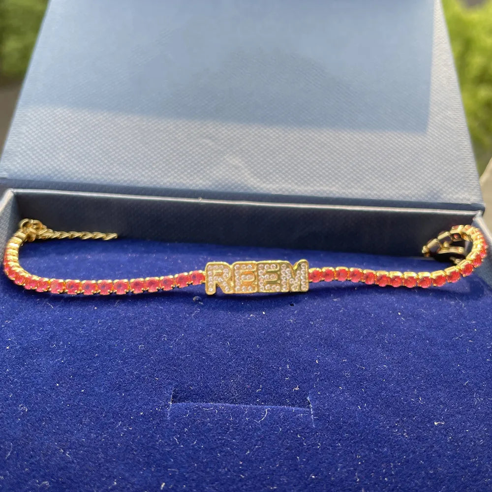 Qiuhan OEM Armband Copper Letter Colorful Zircon Tennis Chain Custom Name Bracelet