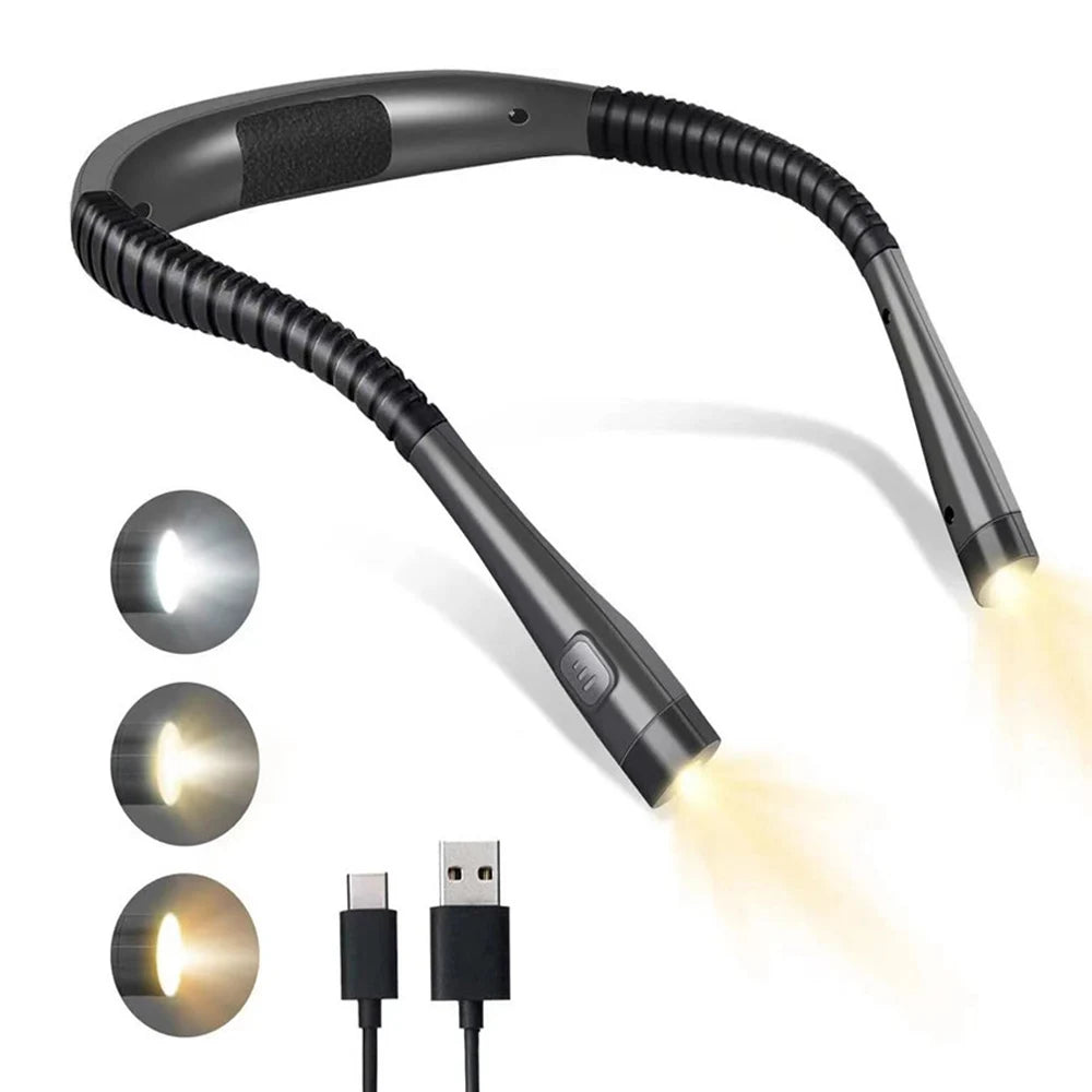 Long Lasting Flexible Arms Rechargeable LED Neck Reading Light Hands Free Brightness Adjustable Book Light Wireless Neck Light