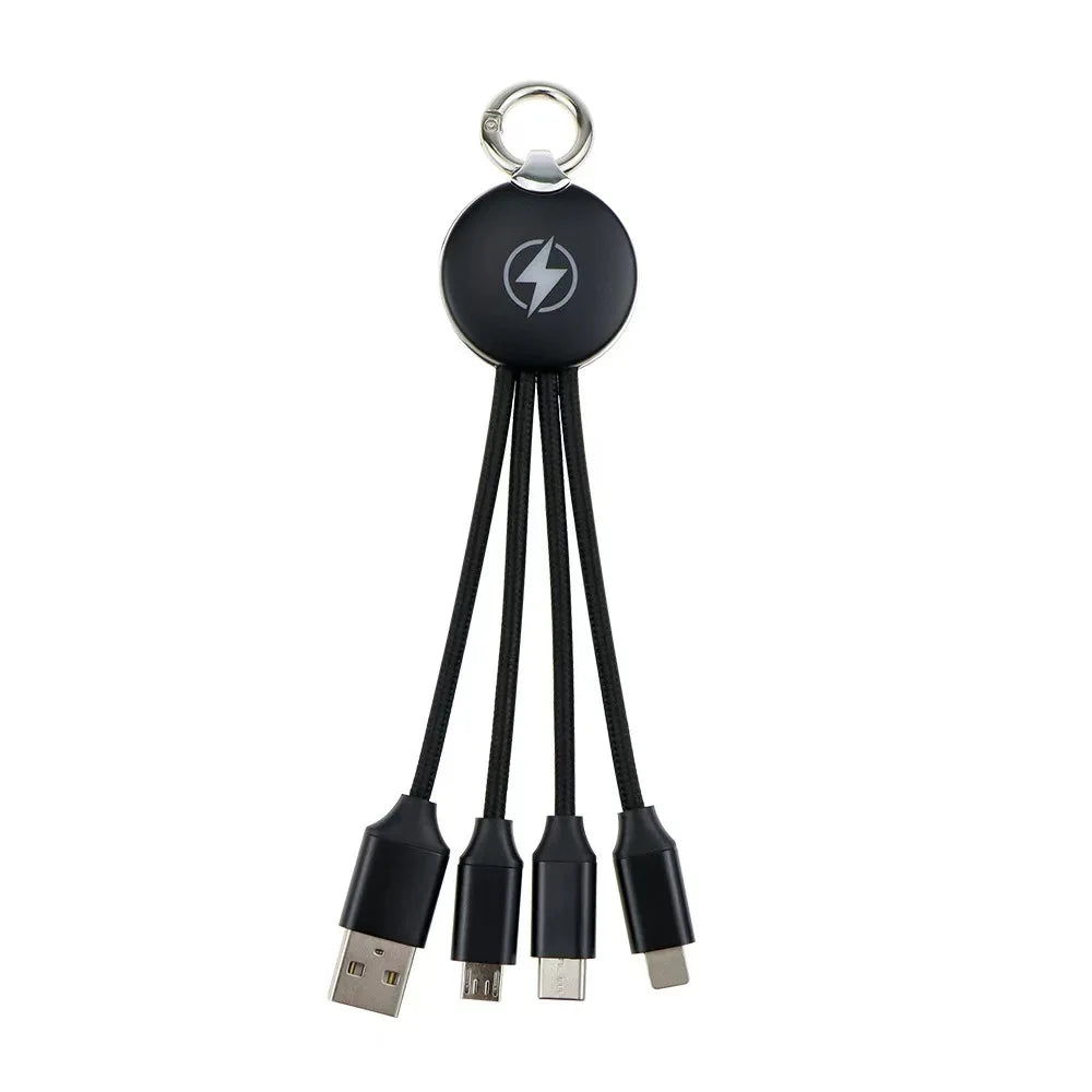 Mini Metal Plated Four in One Keychain Luminous Data Cable Short Portable One to Three Fast Charging Cable Customization
