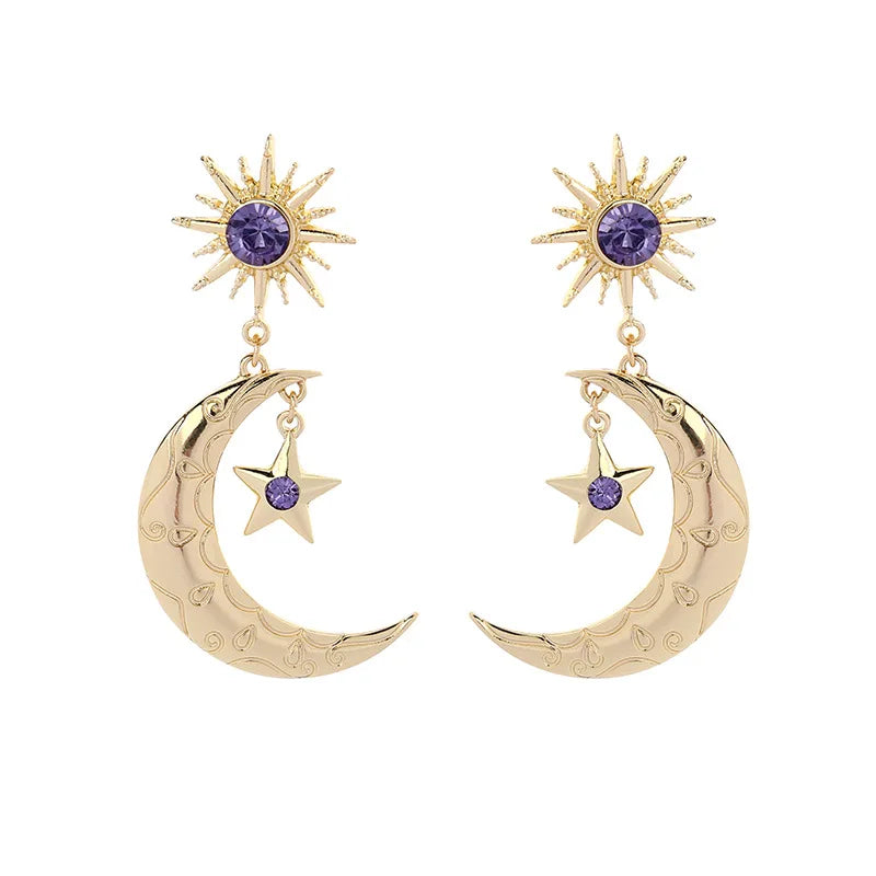 Purple Crystal Gold Jewellery Designs Greek Moon Star Earrings