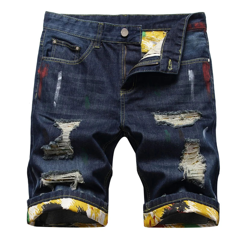 American Street Style Frayed Hole Inner Floral Fabric Hand-painted Color Paint Turned Trousers Floral Fabric Straight Jeans