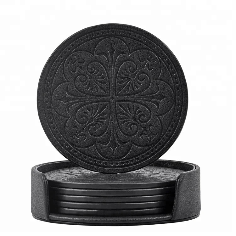 Wholesale Embossed OEM Vintage Black Leather Coffee Heating Warmer Coaster Logo Print