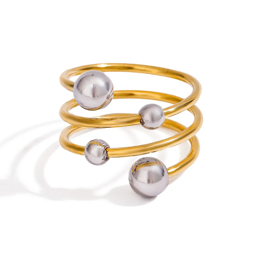 N&S Modern Minimalist Women's Adjustable Open Ring 18K Gold Stainless Steel Two Tone Beaded Ball for Anniversaries