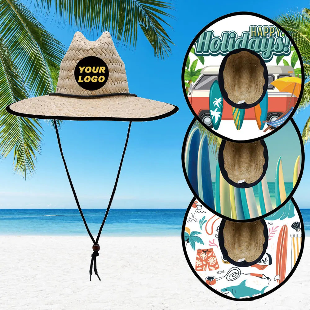 Fashion Custom Design UPF Protect Surf Club Sun Straw Hats Print Surfboard Lifeguard Straw Hats for Men