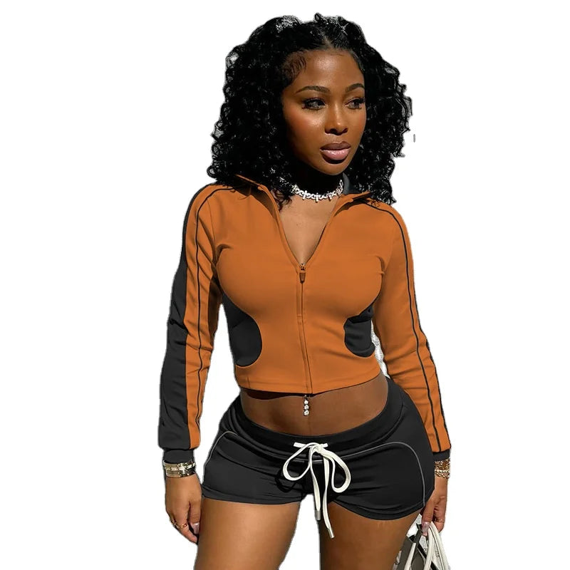 Custom logo Polyester Spandex Zip up Jacket and Shorts 2 Pieces Set Lounge Wear Loungewear Women Clothing Sports Wear Fall
