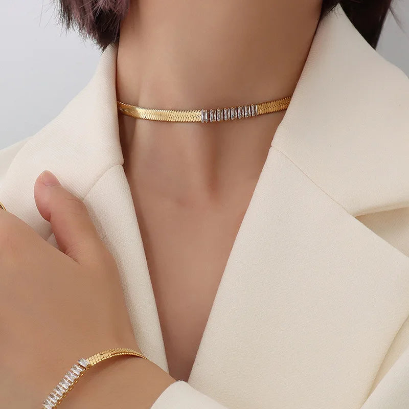 Wholesale Fashion Snake Bone Chain Bracelet Stainless Steel Women Non Tarnish 18k Gold Plated Zircon Necklaces and Bracelet