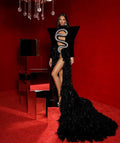 Black Stage Show Party Women Snake Diamond Sexy Summer Dress Long Sleeve Crystal High Split Cocktail Dress With Feather
