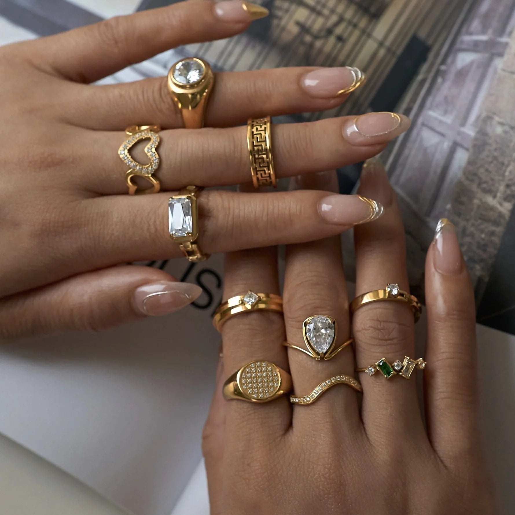 Dazan SUMMER New Ins Trendy 18k PVD Gold Plated Stainless Steel Minimalist Gypsy Lines Unique Dancer Zircon Ring Set for Party