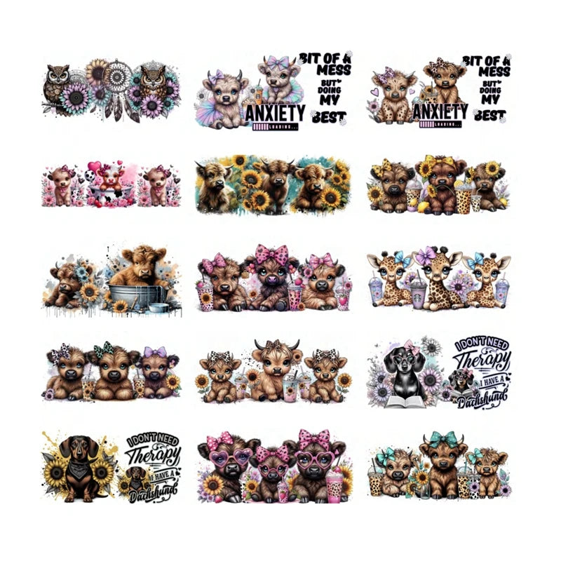 Anxiety 3D UV Dtf Cup Wrap Stickers Animal 3D UV Dtf Cup Wraps Glass Transfer Retro  Baby Highland Cow UV Cup Wrap for 16OZ