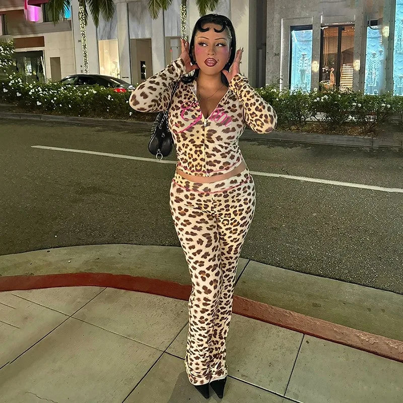 Women's Casual Leopard Pattern Zipper Hoodie Top and Pants Sets Fall 2024 Short Length Two-Piece Tracksuits for Autumn Season