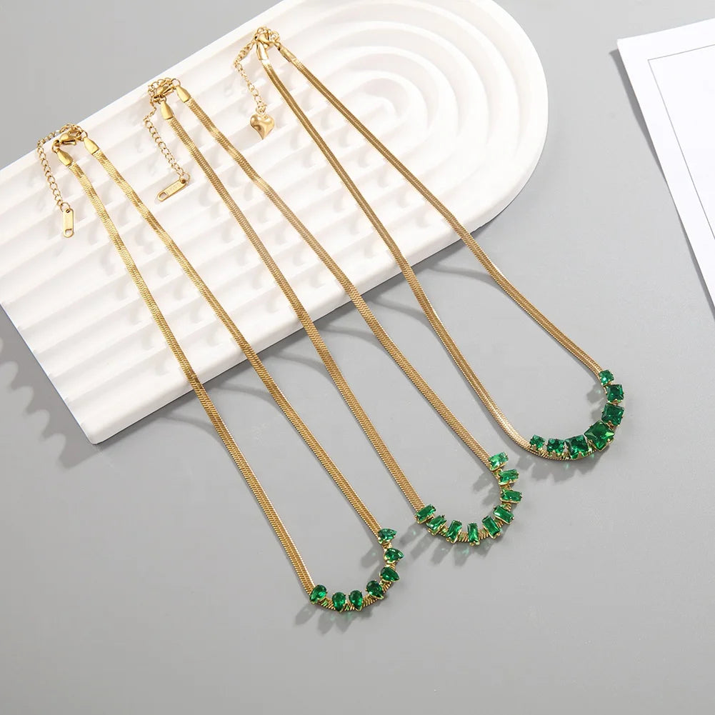 Waterproof Stainless Steel Snake Chain Necklace with Turquoise Stone Gold Plated Zircon Choker Hook Shape for Wedding or Gift