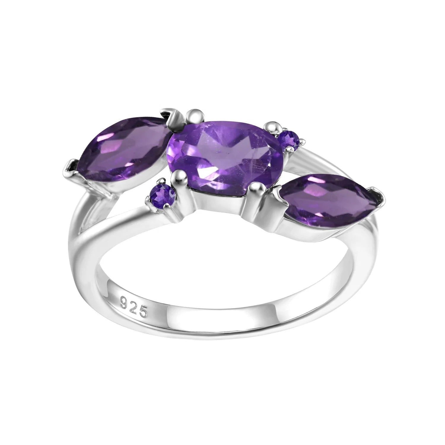 Abiding Jewelry Fashion 925 Sterling Silver Three Stone Natural Amethyst Gemstone Band Ring for Women Daily Wear Jewelry