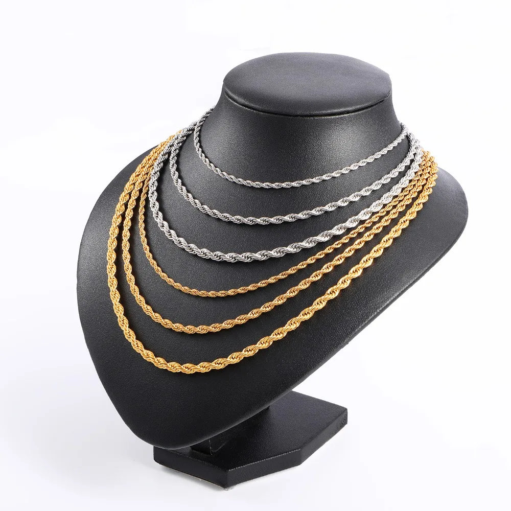 3mm Rope Chain Twist Chain in White Gold 20'' 22'' 24'' 26'' 28'' 30'' Stainless Steel Chain Necklace Hi-hop for Men Women