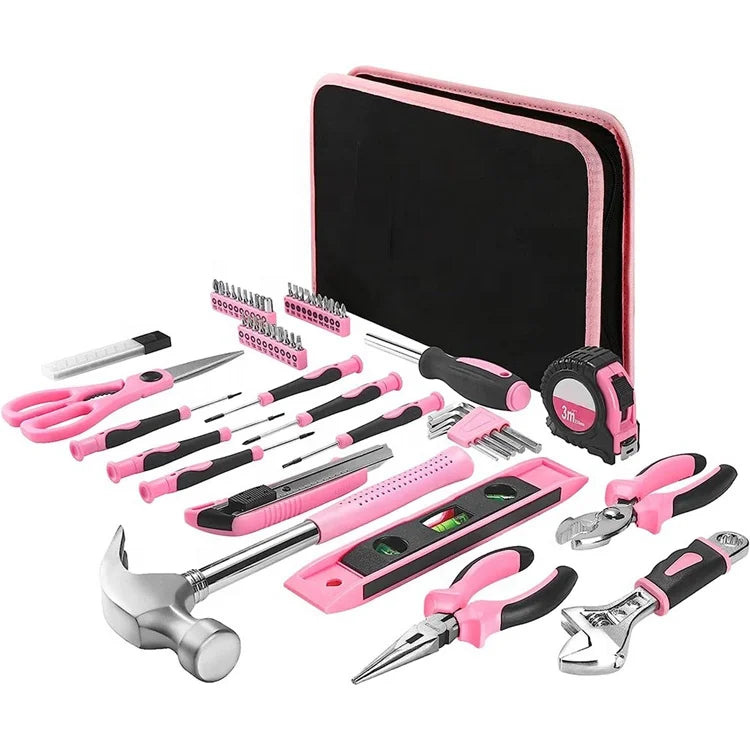 Portable 110pcs Polished Pink Carbon Steel DIY Home Tool Set Kit Customizable Screwdrivers Digging Tools Hand Ladies Tool Box
