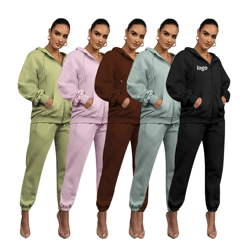 Women 2 Piece Set Custom logo Zipper Plus Size Women's Sets Sweatpants and Hoodie Set