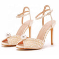 10 cm Stiletto Women Summer Wedding Heels Ankle Strap Pearls Peep Toe White Beige Bride Party Dress Shoes