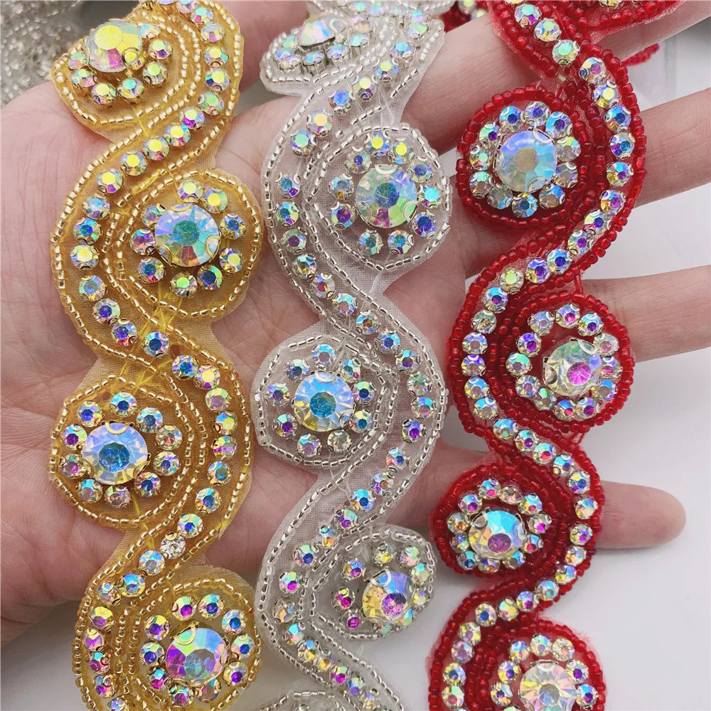 Wholesale  Crystal Rhinestone Beaded Trim  Rhinestone Applique Iron on Bridal Wedding Dress DIY Craft