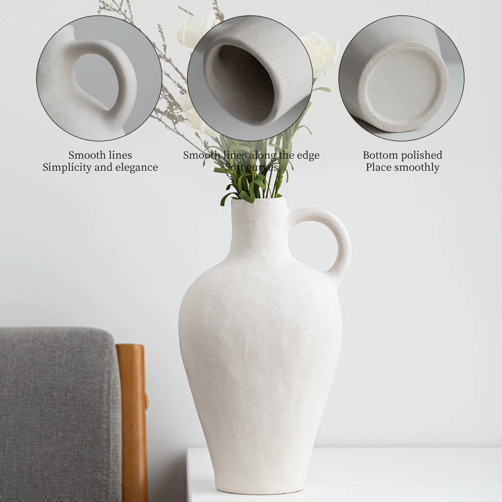 Ceramic White Flowers Vases Large Size Small-mouth Desktop Decoration Vase Simple Hand Made Stone Vase with Handle