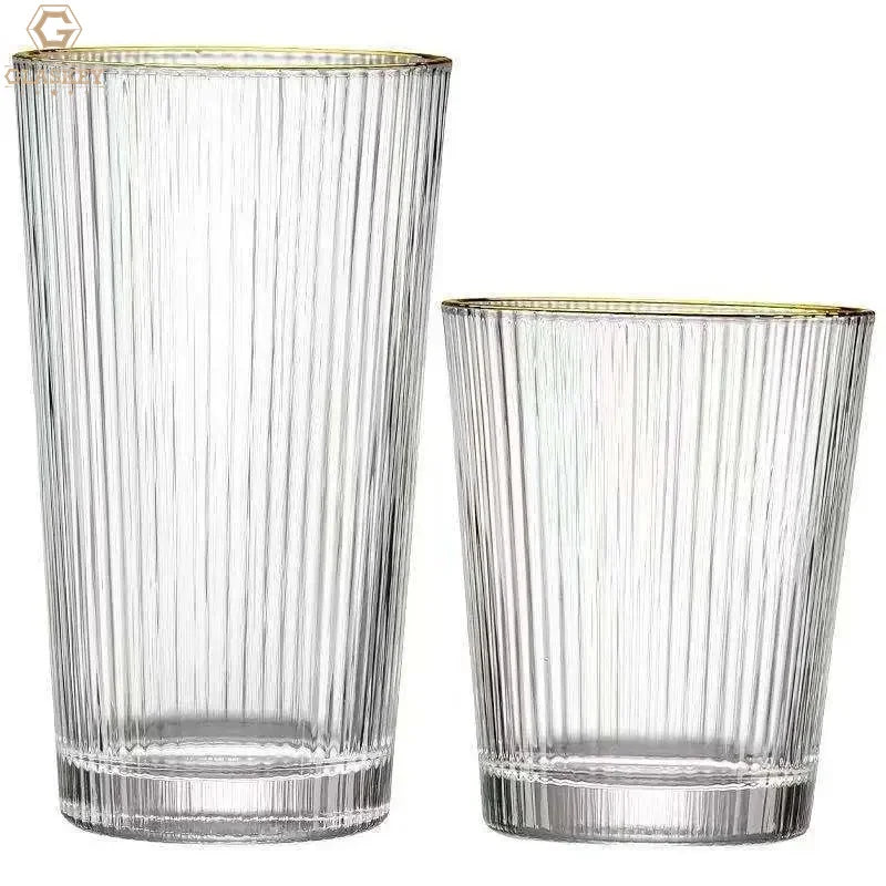 Classic Vertical Grain Highball Glass Water Glasses Gold Rimmed Clear Glass Drinkware Juice Milk Cup