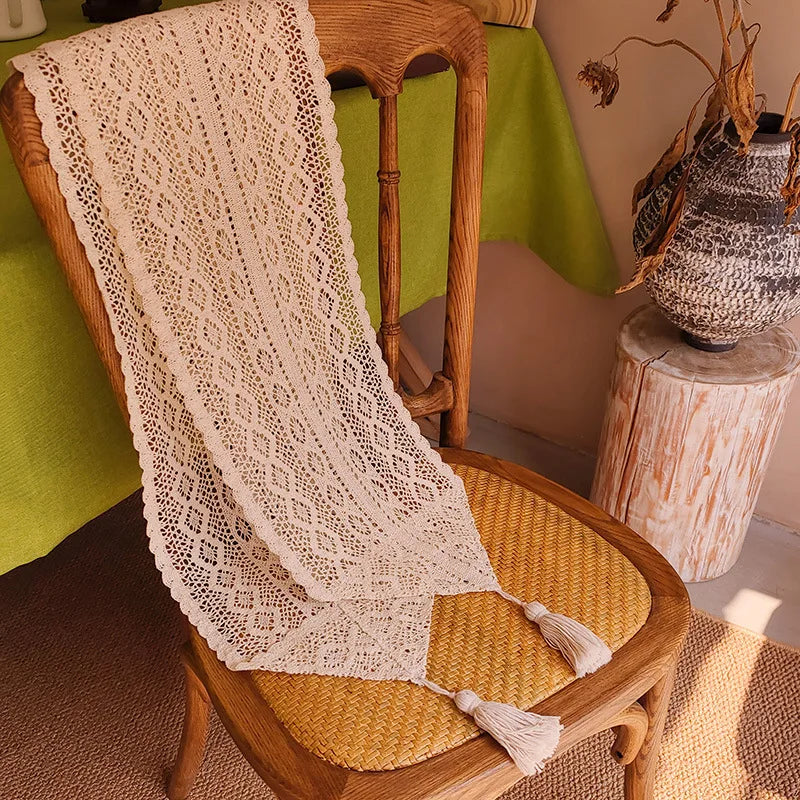 48 Inches Boho Outdoor Village White Crochet Flower Table Runner for Table Decoration Vintage Wedding Party Table Runners