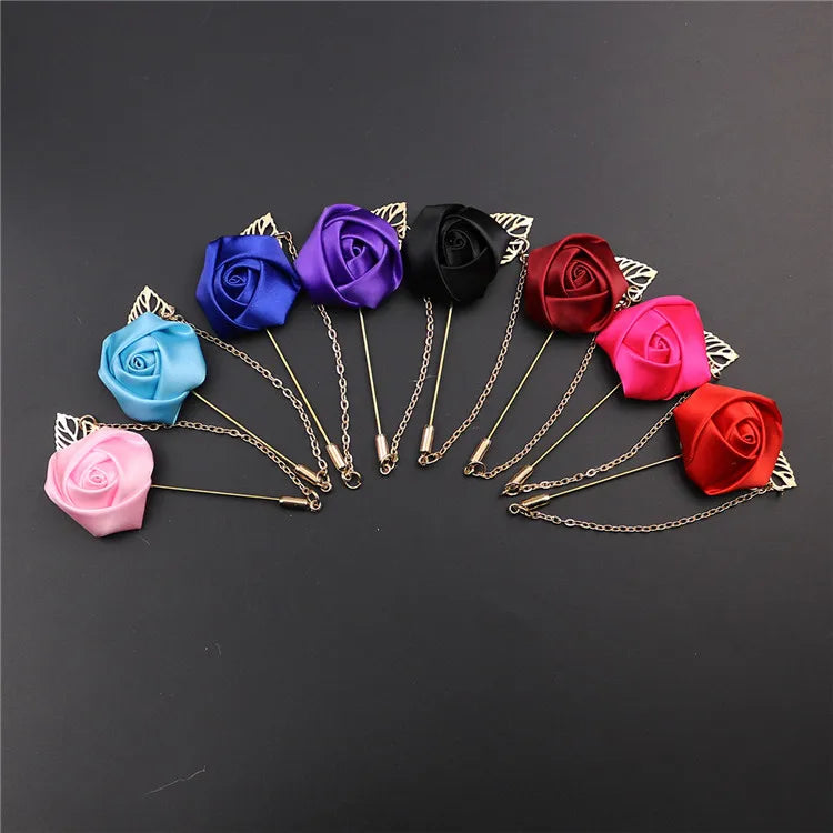 Hot Sale Corsage Flower Long Needle With Chain Brooches Color Men and Women Suit Gold Leaf Rose Brooch