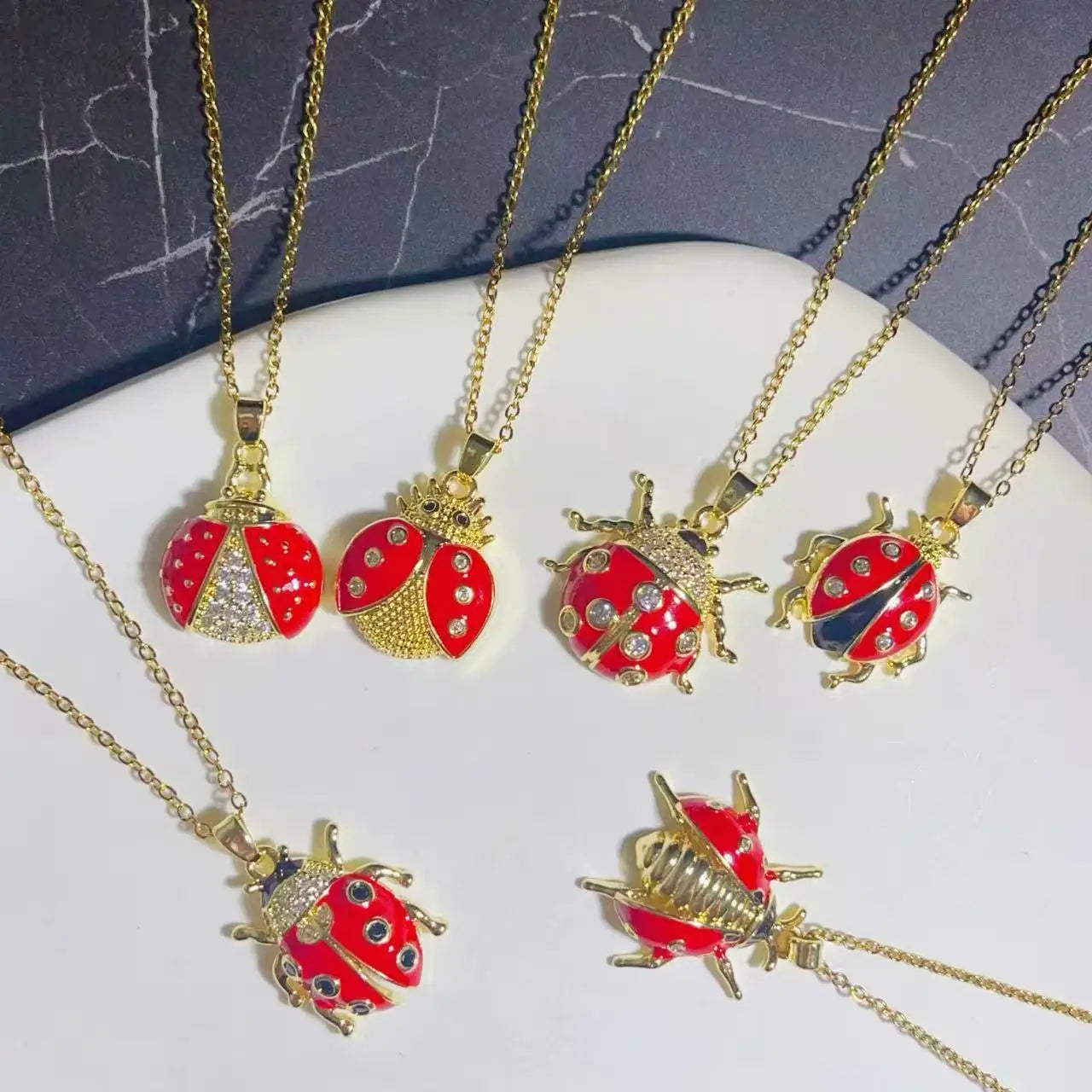 Hot Sale Zircon Full Diamond Copper  Ladybug Pendant Necklace with Stainless Steel Chain for Women