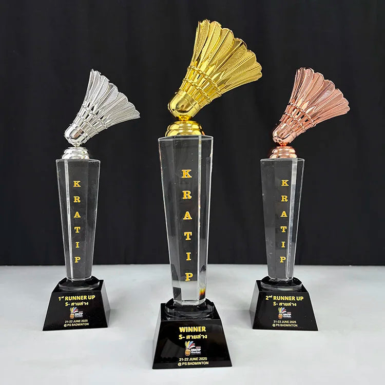 Personalized Golden Silver Bronze Metal Badminton Glass CRYSTAL Awards Trophies MH-J0083