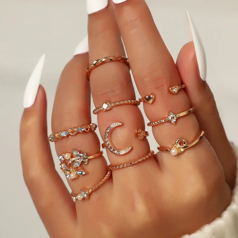 Hot Sale Alloy 10-Piece Women's Ring Set with Moon Stars Leaves & Love Heart Zircon for Wedding & Party