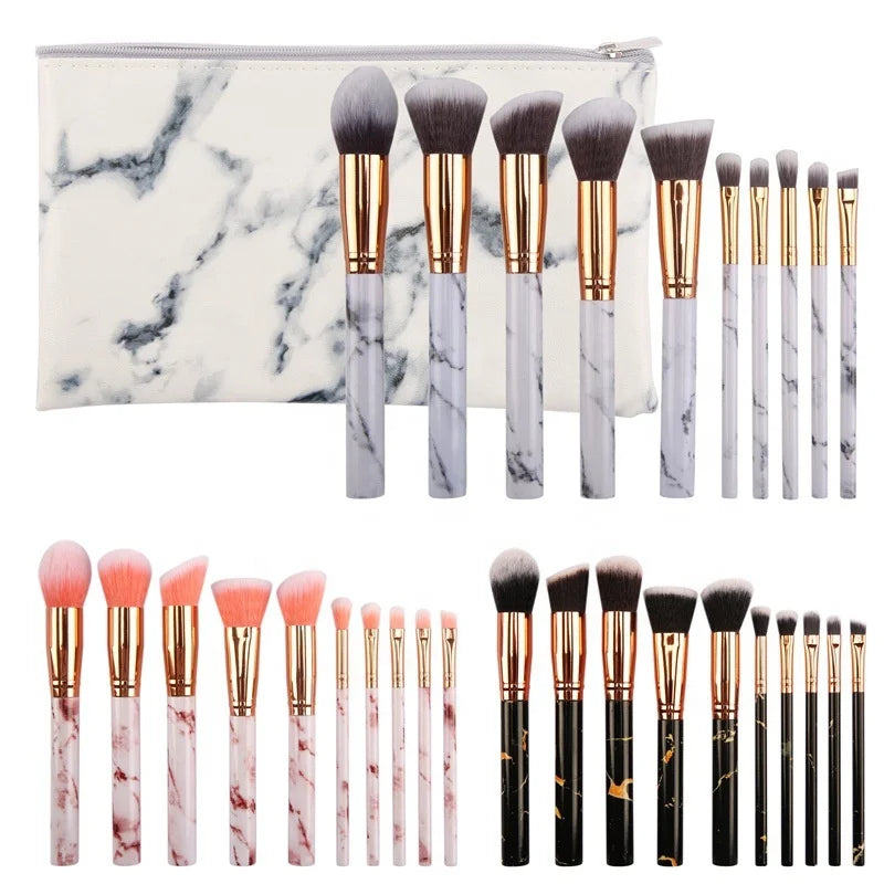 Wholesale Cheap Premium 10pcs Marble Makeup Brush Set Synthetic Hair Mabel Handle Brushes with Bag
