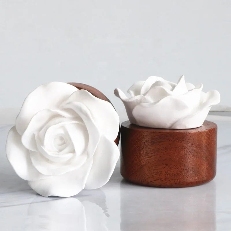 Home Decoration Scented Ceramic Aroma Plaster Air Freshener Wooden Based Handmade Porcelain Rose Flower Essential Oil Solid