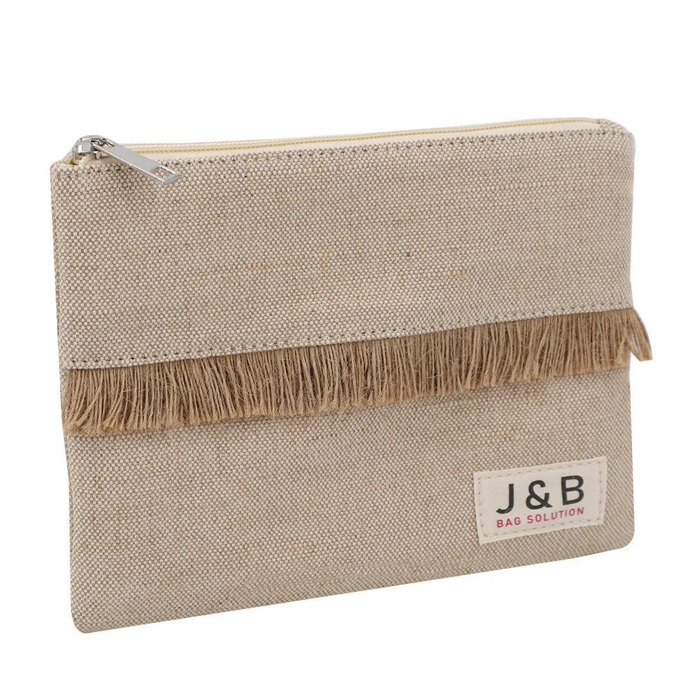 Personalized Natural Cotton Jute Mixture Zipper Pouch With Jute Fringe Lace Custom Eco Friendly Cosmetic Toiletry Gift Bag