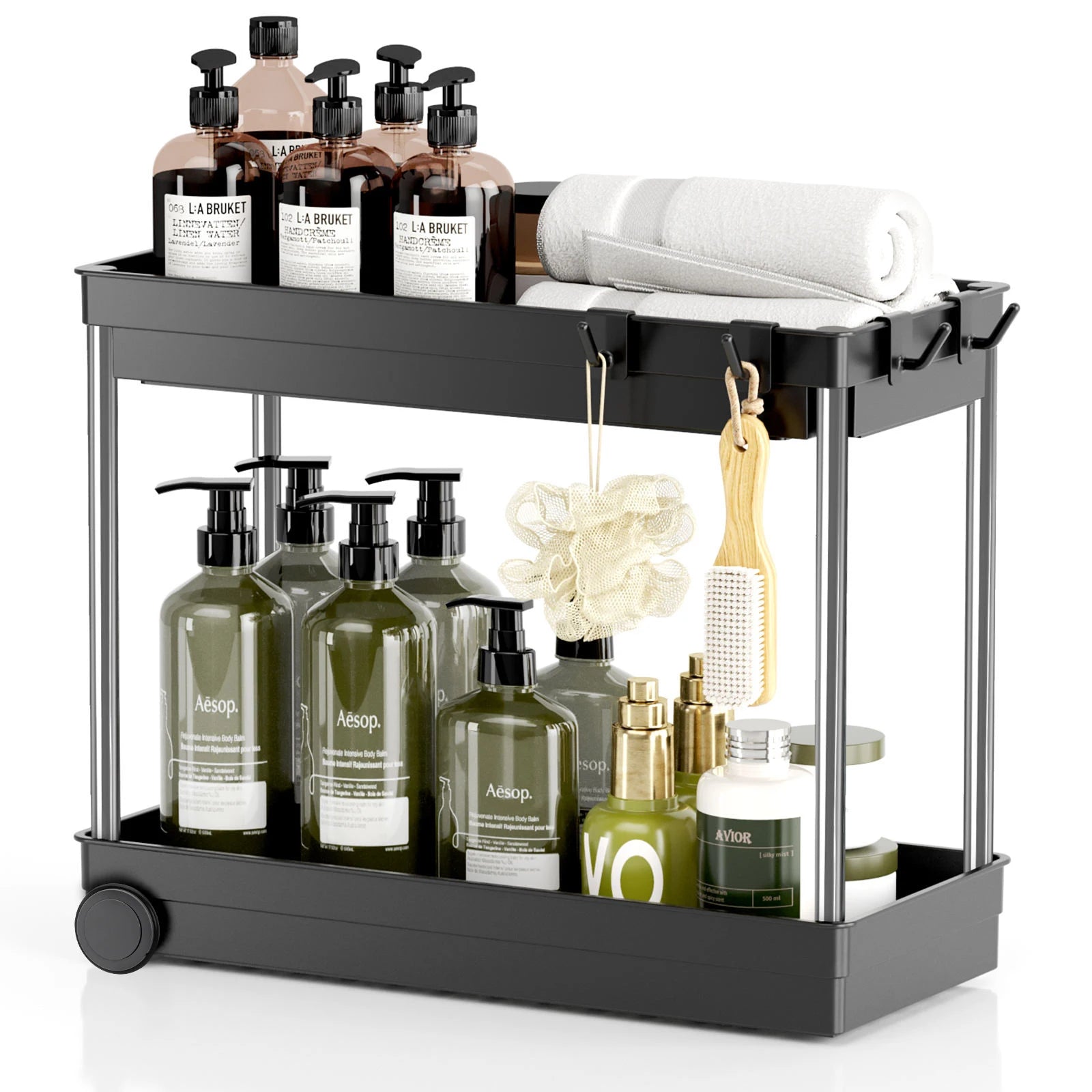 Under Sink Organizer for Bathroom & Kitchen with Anti-slip Pads & Hooks 2 Tier Pull-Out Storage Racks and Shelves