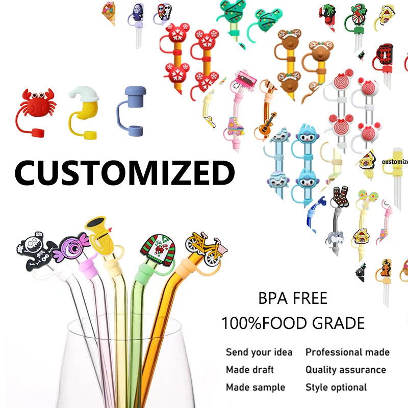 Customized Straw Cover Topper 100% Full Silicone Rubber Charms  8mm-10mm Straw Toppers for Tumblers