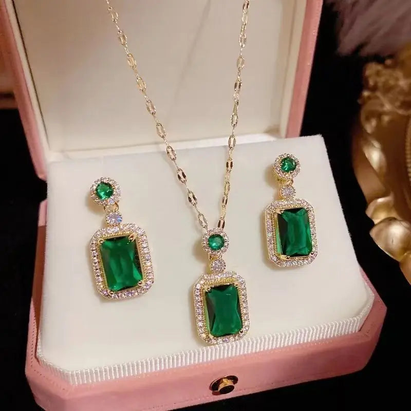 Hot Selling Classic Gold Plated Jewelry Set Green Zircon Earrings Necklace for Wedding Party Engagement Anniversary Gift