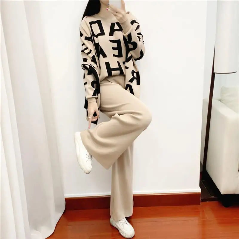 Boutique Wholesale Knitted Autumn and Winter 2026 New Sweater Temperament Wide Leg Pants Women's Sets
