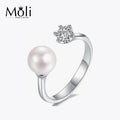 925 Sterling SIlver 5A 6-6.5mm Freshwater Real Round Pearl OPen Ring for Women Bride Jewelry