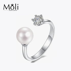 925 Sterling SIlver 5A 6-6.5mm Freshwater Real Round Pearl OPen Ring for Women Bride Jewelry