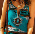 Custom Wholesale Aztec Western Vintage Printed Fitted Sleeveless Summer V Neck Zip up T Shirts Blouses Tops for Women