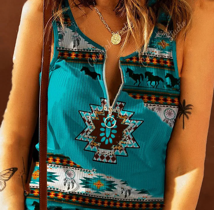 Custom Wholesale Aztec Western Vintage Printed Fitted Sleeveless Summer V Neck Zip up T Shirts Blouses Tops for Women
