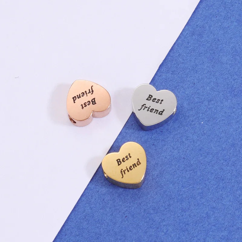 Wholesale 8*7.5mm Stainless Steel Engraved Letter Best Friend Sister Peach Heart Charms Beads for DIY Jewelry Making