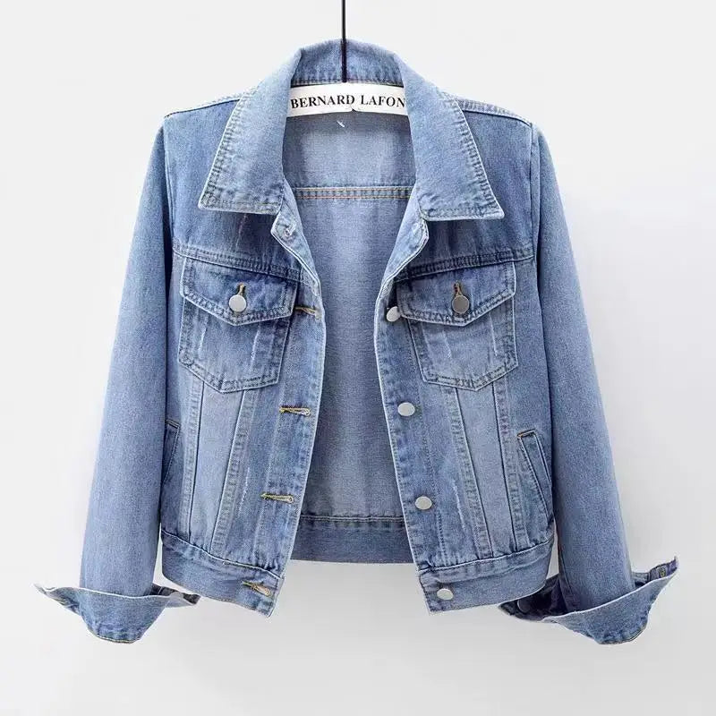 Hiking Women Denim Jacket Single-breasted Chest Flap Pocket Jacket Long Sleeve Slim Short Coat Retro Ladies Denim Jackets
