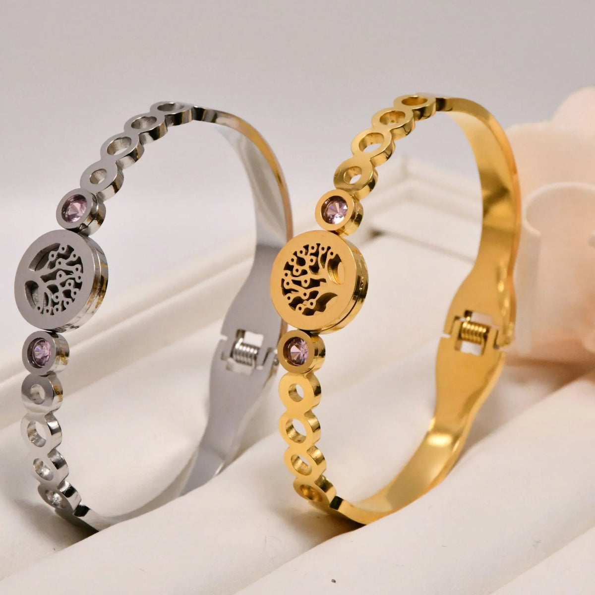 Classic Unisex Geometric Zircon Stainless Steel Gold Plated Tree of Life Stylish Buckle Bracelet MegaBDM
