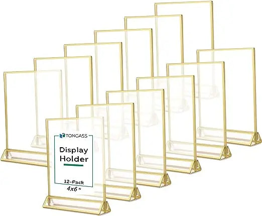 4x6"Standard Double-Sided Acrylic Wedding Table Numbers Picture Frames Clear Sign Holders with 3mm Gold Border & Vertical Stan