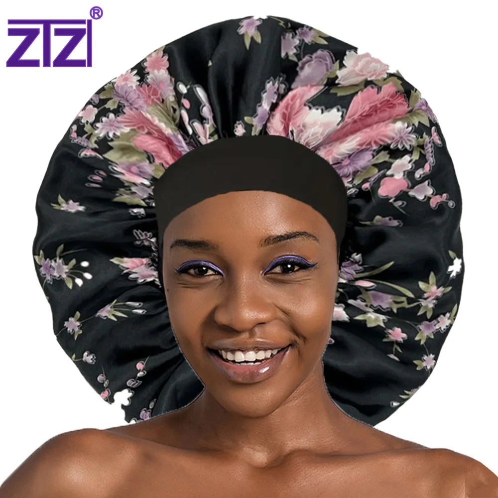 ZTZI Premium Floral Satin Hair Bonnet Big Size Satin Sleep Cap for Women Ideal for Curly Hair & Natural Hair Protection