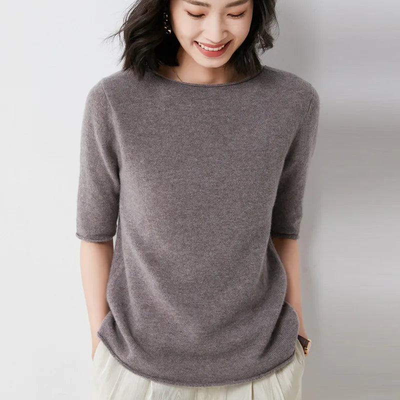 S-XXL Simple Half  Sleeve Knitting Women's Round Neck Short Sleeve Bottoming T-shirt Wear Half Sleeve Top