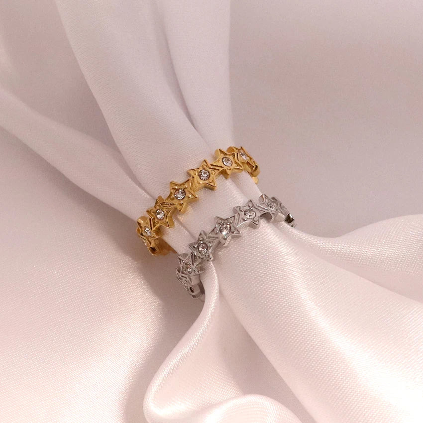New Arrival Shiny Diamond Starry Statement Open Ring 18K Gold Plated Stainless Steel Waterproof Paved Zircon Star Band Ring