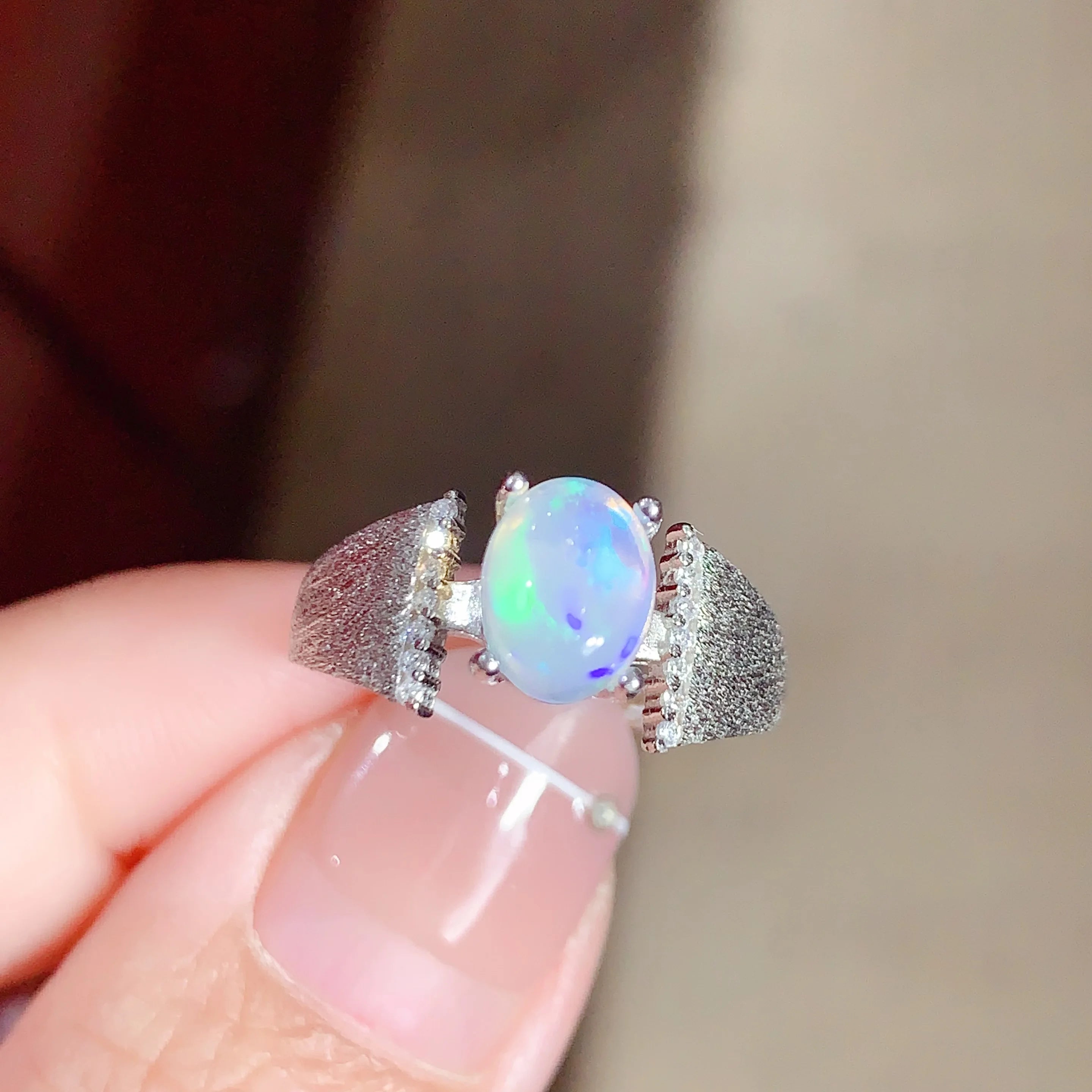 Factory Supply Custom 925 Sterling Silver Princess Rings Ethiopian Natural Opal Diamond Engraved Rhodium Plating Setting 2pcs