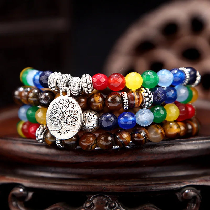 7 Chakra Natural Tiger Eye Stone Mala Necklace for Women Amethyst Imperial Charm 108 Rosary Beaded Pendent Necklace